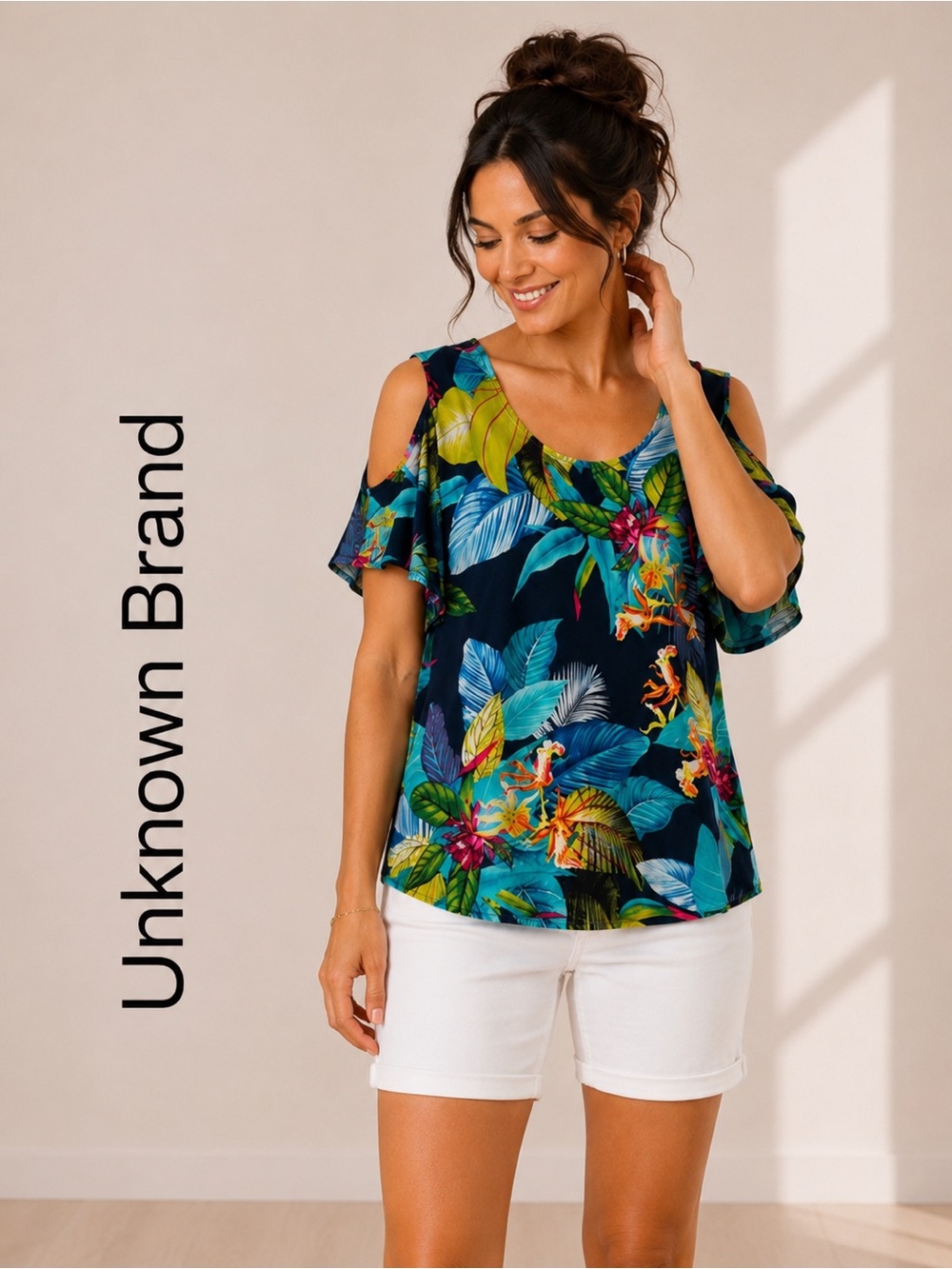 •Ariana Navy Tropical Floral Cold Shoulder Tunic Top | Medium
